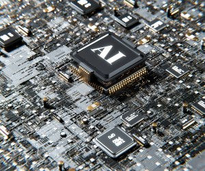 A close up of a microchip with "AI" on it on a motherboard